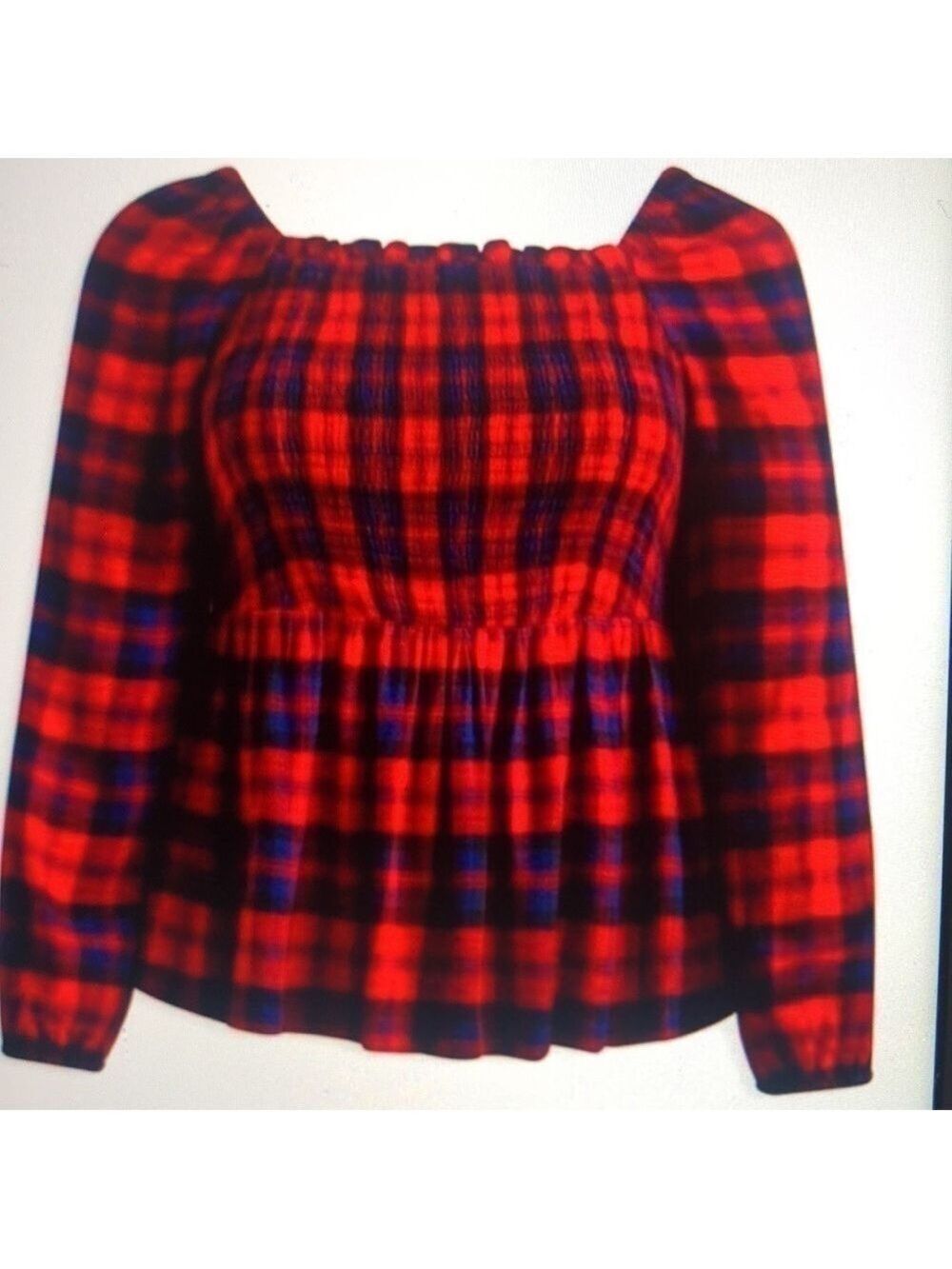 Torrid Red Blue Plaid Smocked Bodice Top